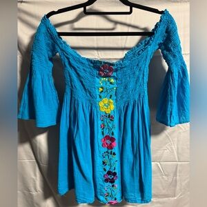 Handmade in Mexico Blue Off the Shoulder Cotton Embroidered Top